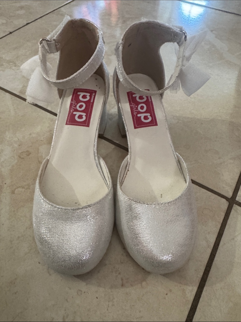 pop Girls Silver Glitter Bow Ankle-Strap Dress Shoes